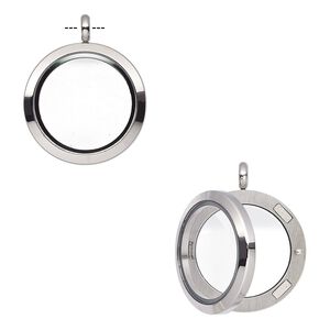 Pendant, glass and stainless steel, clear, 37x30mm round float locket with 22x4mm inside diameter and magnetic closure. Sold individually.