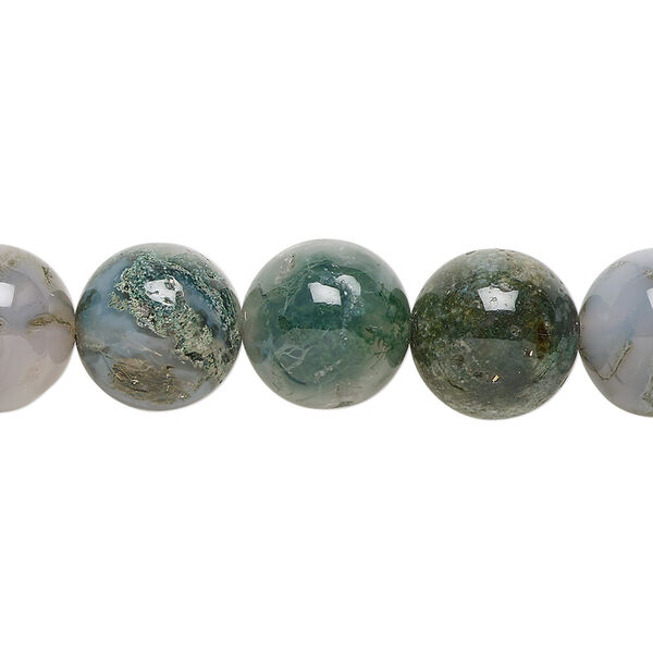 Bead, moss agate (natural), 12mm round, B grade, Mohs hardness 6-1/2 to 7. Sold per 15-1/2" to 16" strand. image number 0