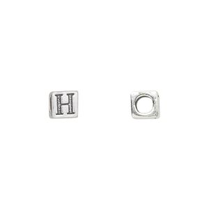 Bead, sterling silver, 5.5mm cube with alphabet letter "H." Sold individually.