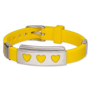 Bracelet, Softique™, silicone and stainless steel, yellow, 16mm wide with 39x16mm rectangle and cutout hearts, adjustable from 5-1/2 to 7-1/2 inches with buckle-style closure. Sold individually.