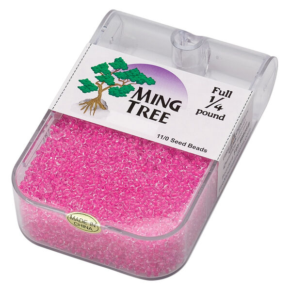 Seed bead, Ming Tree™, glass, pkg/1/4 pound, #11 round, transparent color-lined hot pink. image number 0