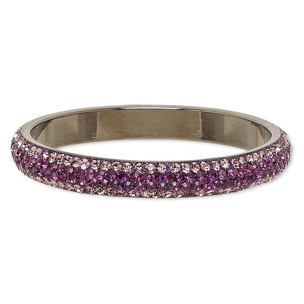 Bracelet, bangle, epoxy / Preciosa glass rhinestone / gunmetal-plated brass, black / purple / dark purple, 10mm wide, 2-3/4 inch inside diameter. Sold individually. image number 0