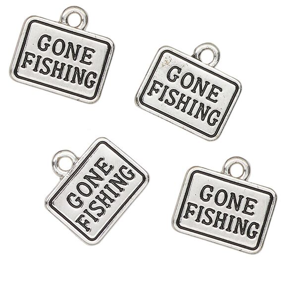 Charm, antique silver-finished "pewter" (zinc-based alloy), 14x10mm rectangle with gone fishing. Sold per pkg of 4. image number 0