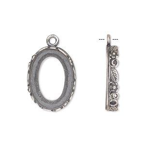 Drop, JBB Findings, antique silver-plated brass, 20x15mm oval with open back and flower and leaf design trim, 18x13mm oval bezel setting. Sold per pkg of 2.