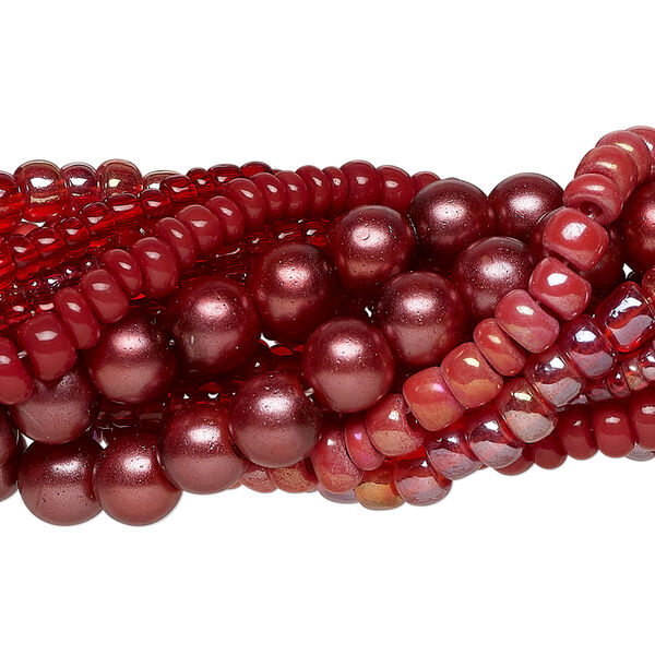 Bead assortment, glass, opaque to transparent light to dark copper red, 3x1mm-6mm round and irregular rondelle. Sold per pkg of (8) 14-inch strands, approximately 1,200 beads. image number 0