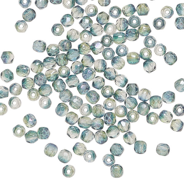 Bead, Czech fire-polished glass 1pkg1200, green and teal two-tone, 3mm faceted round. image number 0