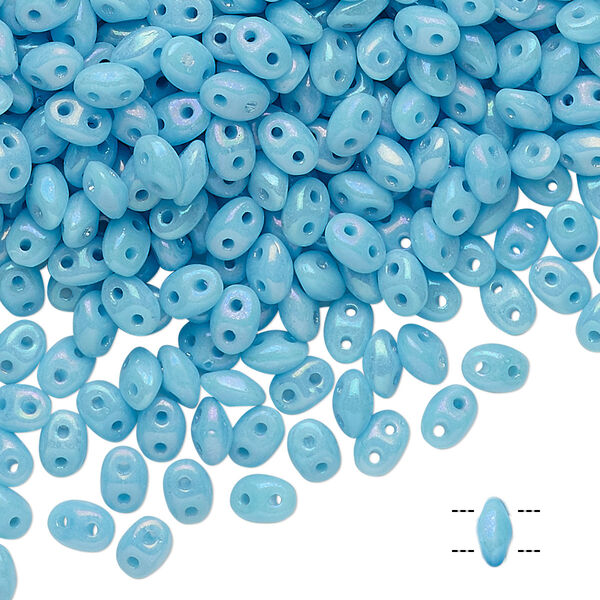 Bead, Preciosa Twin™, Pressed Twin, Czech pressed glass, rainbow turquoise blue, 5x2.5mm oval with 2 holes. Sold per 10-gram pkg. image number 0