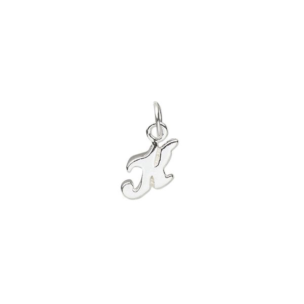 Charm, sterling silver, 10x7mm Champagne cursive alphabet letter "K." Sold individually. image number 0
