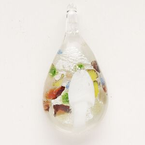Focal, lampworked glass, translucent white / clear / multicolored, 28x19mm-38x22mm teardrop with mushroom. Sold individually.