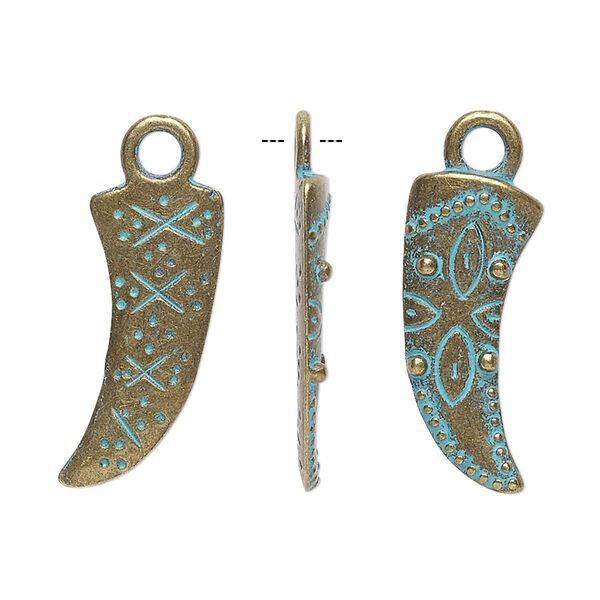 Charm, antique copper-finished "pewter" (zinc-based alloy), green patina, 23x12mm two-sided horn. Sold per pkg of 4. image number 0