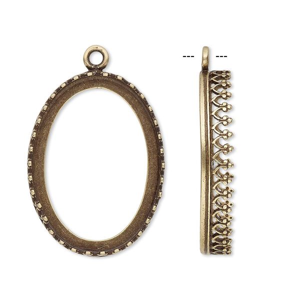 Drop, JBB Findings, antiqued brass, 27x20mm oval with decorative trim, 25x18mm oval bezel setting. Sold individually. image number 0