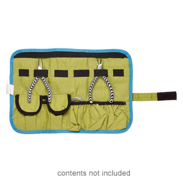 Pouch, canvas / elastic / VELCRO®, blue / green / black, 14x9-1/2 inches with hook and loop closure with wraparound strap. Sold individually. image number 0
