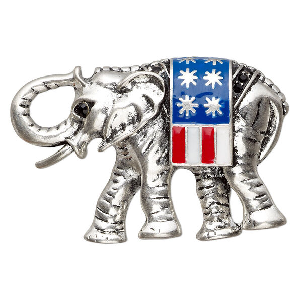 Brooch, enamel / Czech glass rhinestone / antique silver-plated "pewter" (zinc-based alloy) , multicolored, 49x33mm elephant with USA flag. Sold individually. image number 0