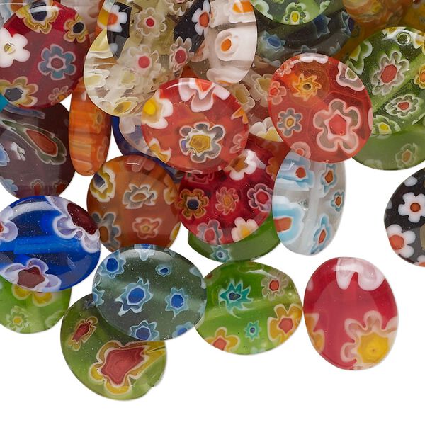 Bead mix, millefiori glass, opaque to transparent multicolored, 11x9mm-12x10mm puffed oval. Sold per 2-ounce pkg, approximately 90 beads. image number 0