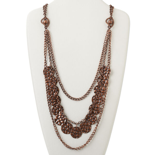 Necklace, 4-strand, antiqued copper-finished brass and steel, 24mm hammered flat round, 30 inches with 3-inch extender chain and lobster claw clasp. Sold individually. image number 0