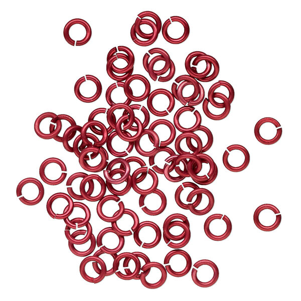 Jump ring, anodized tempered aluminum, red, 6mm round, 4.2mm inside diameter, 16 gauge. Sold per pkg of 100. image number 0