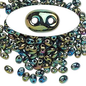 Seed bead, Preciosa Twin™ Czech glass, pkg/10g, 5x2.5mm oval, opaque olive iris black, (59155).
