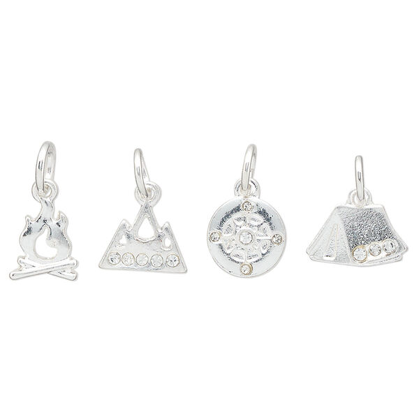 Charm assortment, silver-finished "pewter" (zinc-based alloy) and glass rhinestone, clear, 8-11x7mm multi-shape, camping theme. Sold per 4-piece set. image number 0