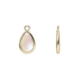 Drop, mother-of-pearl shell and gold-finished brass (assembled), 13x8mm-14x9mm double-sided teardrop. Sold per pkg of 4.