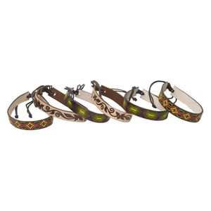 Bracelet, leather, multicolored, 9.5mm wide, adjustable from 7-9 inches with macramé knot closure. Sold per pkg of 6.