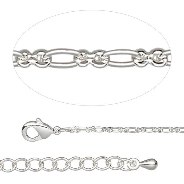 Chain, silver-plated steel and brass, 1.7mm figure 8, 18 inches with 2-inch extender chain and lobster claw clasp. Sold individually. image number 0