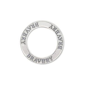 Charm, sterling silver, 22mm double-sided affirmation circle "BRAVERY." Sold individually.