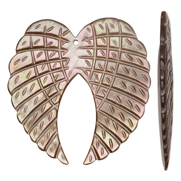 Focal, penguin wing oyster shell (natural), 40x39mm-42x41mm single-sided hand-cut carved wings, Mohs hardness 3-1/2. Sold individually. image number 0