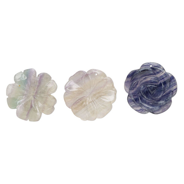 Focal mix, rainbow fluorite and purple fluorite (natural), 39x33mm-40x41mm top-drilled carved flower, B- grade, Mohs hardness 4. Sold per pkg of 3. image number 0