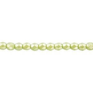 Bead, Czech fire-polished dipped décor glass, pearlescent lime green, 4mm faceted round. Sold per 15-1/2" to 16" strand.