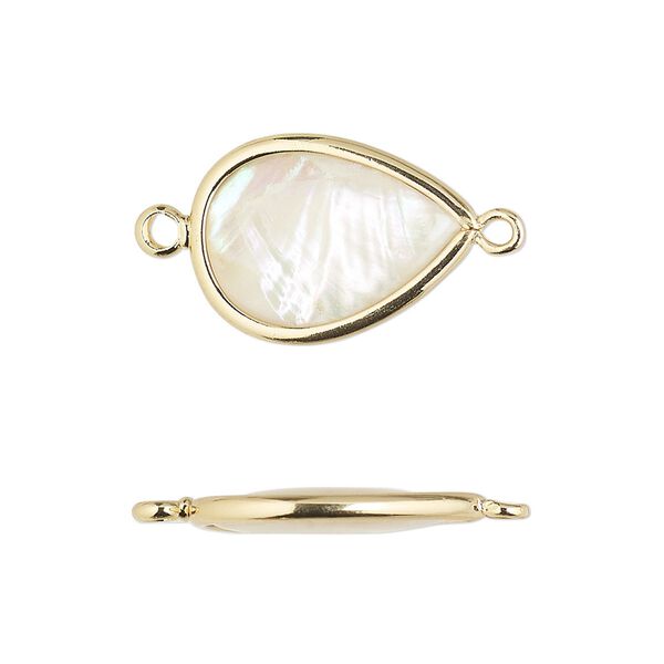 Link, mother-of-pearl shell and gold-finished brass (assembled), 18.5x13.5mm-20x15mm double-sided teardrop. Sold per pkg of 4. image number 0