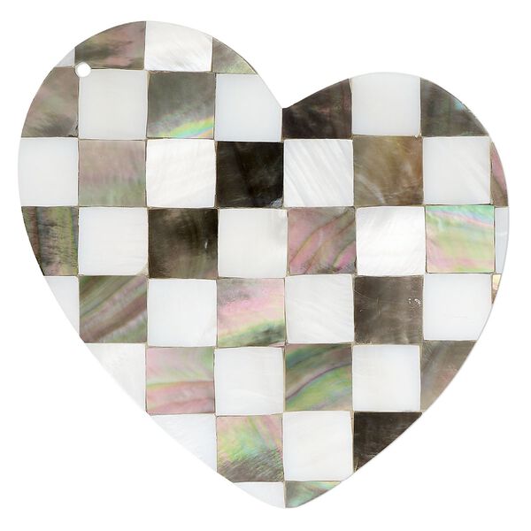 Focal, black lip shell / gold lip shell / mother-of-pearl shell (assembled), 61x53mm - 62x54mm floating single-sided heart, Mohs hardness 3-1/2. Sold individually. image number 0