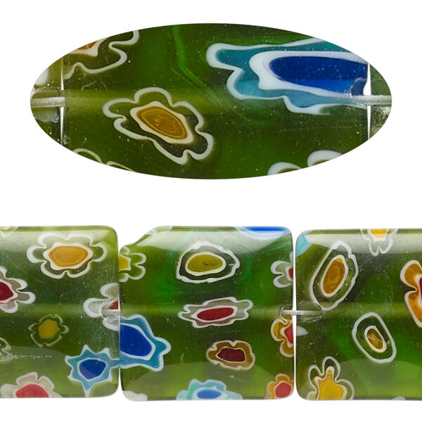 Bead, millefiori glass, translucent green and multicolored, 17x17-19x18mm puffed square with flower design. Sold per 14-inch strand. image number 0