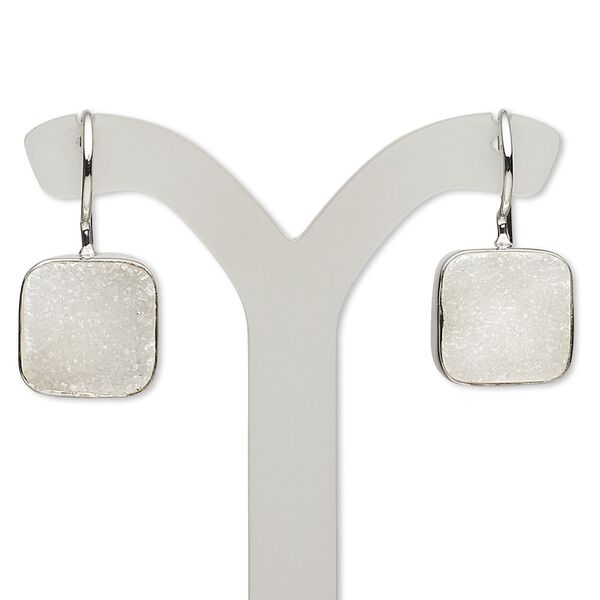 Earring, agate druzy (natural) and sterling silver, 1 inch with cushion and fishhook ear wire. Sold per pair. image number 0