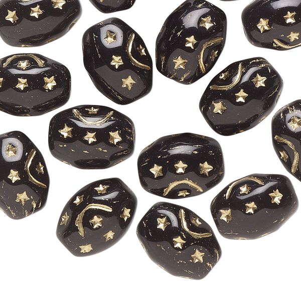 Bead, Preciosa, Czech pressed glass, opaque black, 12x9mm barrel with gold painted moon and stars. Sold per pkg of 16. image number 0