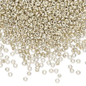 Seed bead, Miyuki, glass, pkg/10g, 2.2x1mm spacer rondelle, opaque brass-plated, (SPR2.2-4201).