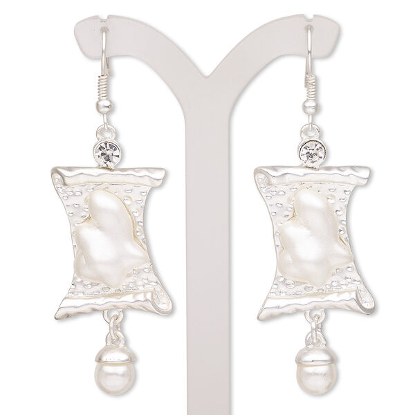 Earring, acrylic / glass rhinestone / silver-finished brass / "pewter" (zinc-based alloy), clear and white, 2-1/2 inches with scroll and fishhook ear wire. Sold per pair. image number 0