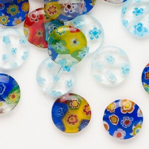 Bead 1pkg1 millefiori glass, opaque and translucent mixed colors, 10-12mm puffed flat round, 2 ounce.