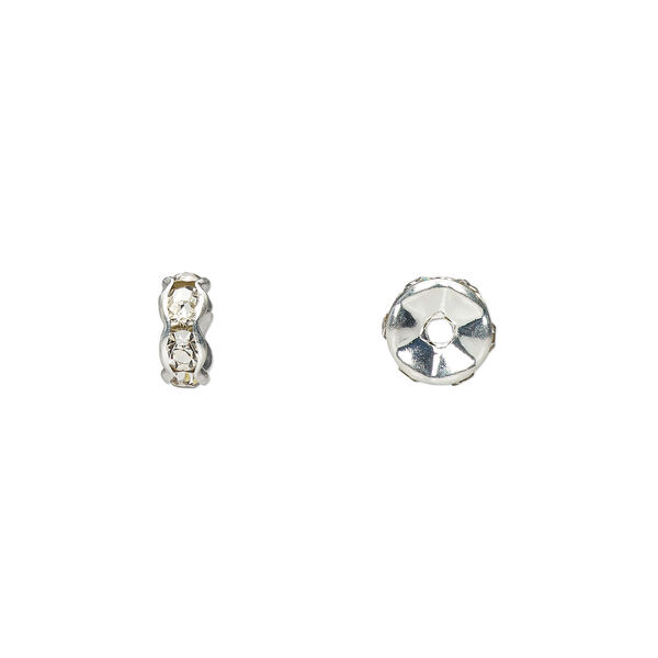 Bead 1pkg10 silver-plated, 7x3mm rondelle, brass / clear rhinestone image number 0