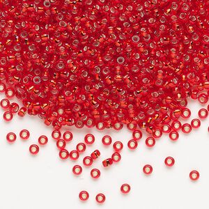 Seed bead, Miyuki, glass, pkg/25g, #11 rocaille, transparent silver-lined flame red, (RR-10).