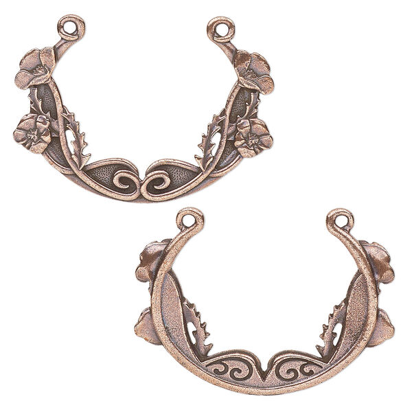 Focal, TierraCast®, antique copper-plated pewter (tin-based alloy), 35x25mm 2-sided oval with poppy festoon design. Sold per pkg of 10. image number 0