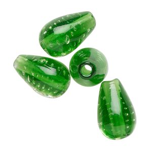 Bead, lampworked glass, translucent green, 17x11mm teardrop. Sold per pkg of 4.