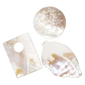 Focal and drop mix, mother-of-pearl shell and blister pearl shell (bleached), 2-1/4 x 1-3/4 inch to 3-1/2 x 2-1/4 inch mixed shapes, Mohs hardness 3-1/2. Sold per pkg of 3.