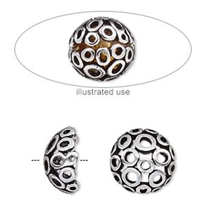 Bead cage, antique silver-plated "pewter" (zinc-based alloy), 14mm round with circle cutout design, fits up to 10mm bead. Sold per 2-piece set.