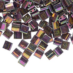Seed bead, TILA®, glass, pkg/10g, 5mm full tila square, opaque metallic iris green, (TL-1893).