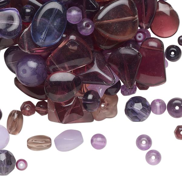 Bead mix, glass, translucent multi-purple, 5mm-30x19mm multi-shape, Sold per 1/4-pound pkg, approximately 90 beads. image number 0