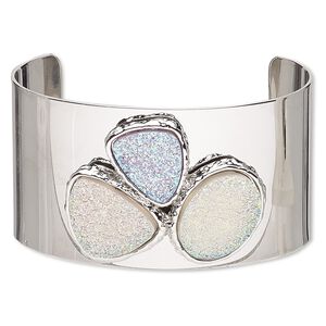 Bracelet, cuff, druzy (imitation) and silver-plated brass, white / light purple / light pink AB, 37mm wide with freeform design, 6 inches. Sold individually.