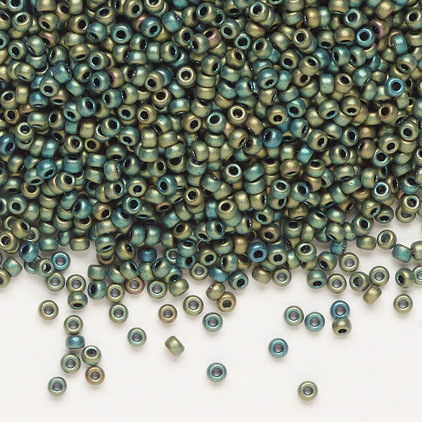 Seed bead, Miyuki, glass, pkg/250g, #11 rocaille, opaque matte metallic iris green patina (RR-2067). image number 0