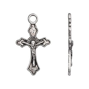 Drop, antique silver-plated "pewter" (zinc-based alloy), 26x17mm single-sided crucifix. Sold per pkg of 10.