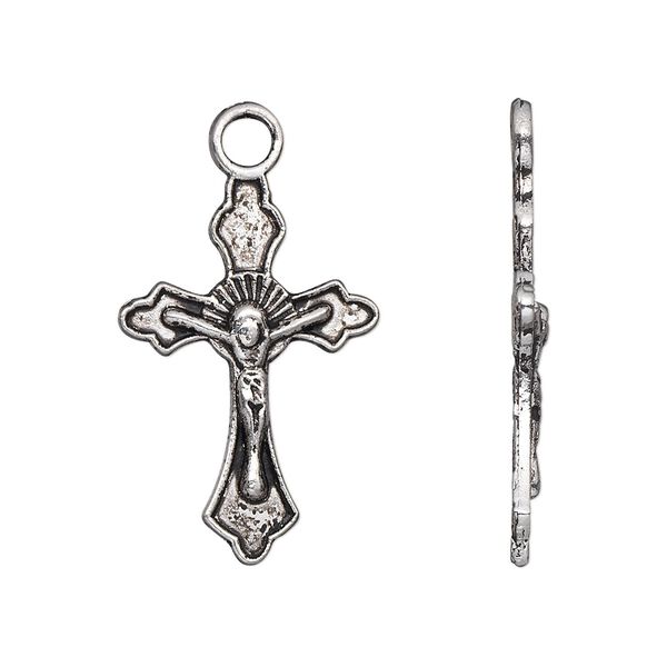 Drop, antique silver-plated "pewter" (zinc-based alloy), 26x17mm single-sided crucifix. Sold per pkg of 10. image number 0