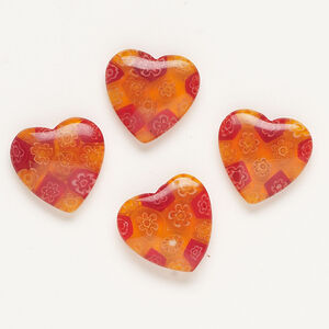 Bead, millefiori glass, translucent dark orange and multicolored, 18-20mm half-drilled puffed heart. Sold per pkg of 4.